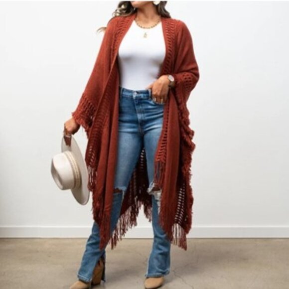 New Bohemian Knit Brown Fringe Poncho Ruana Cardigan Sweater Hippie Top - Picture 2 of 5